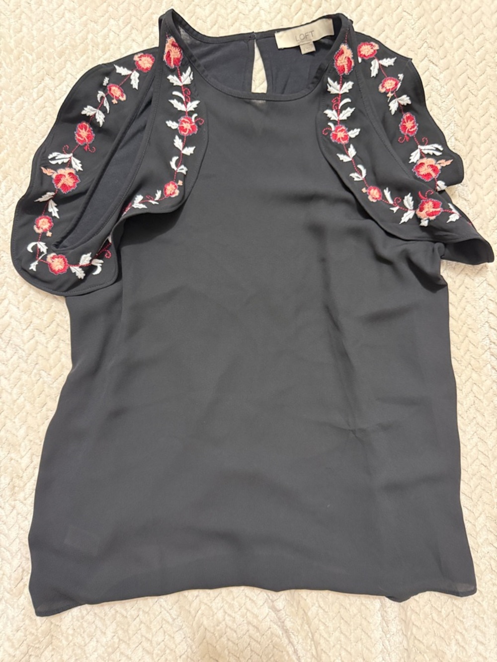 LOFT Black Top with Red & White Floral Embroidery